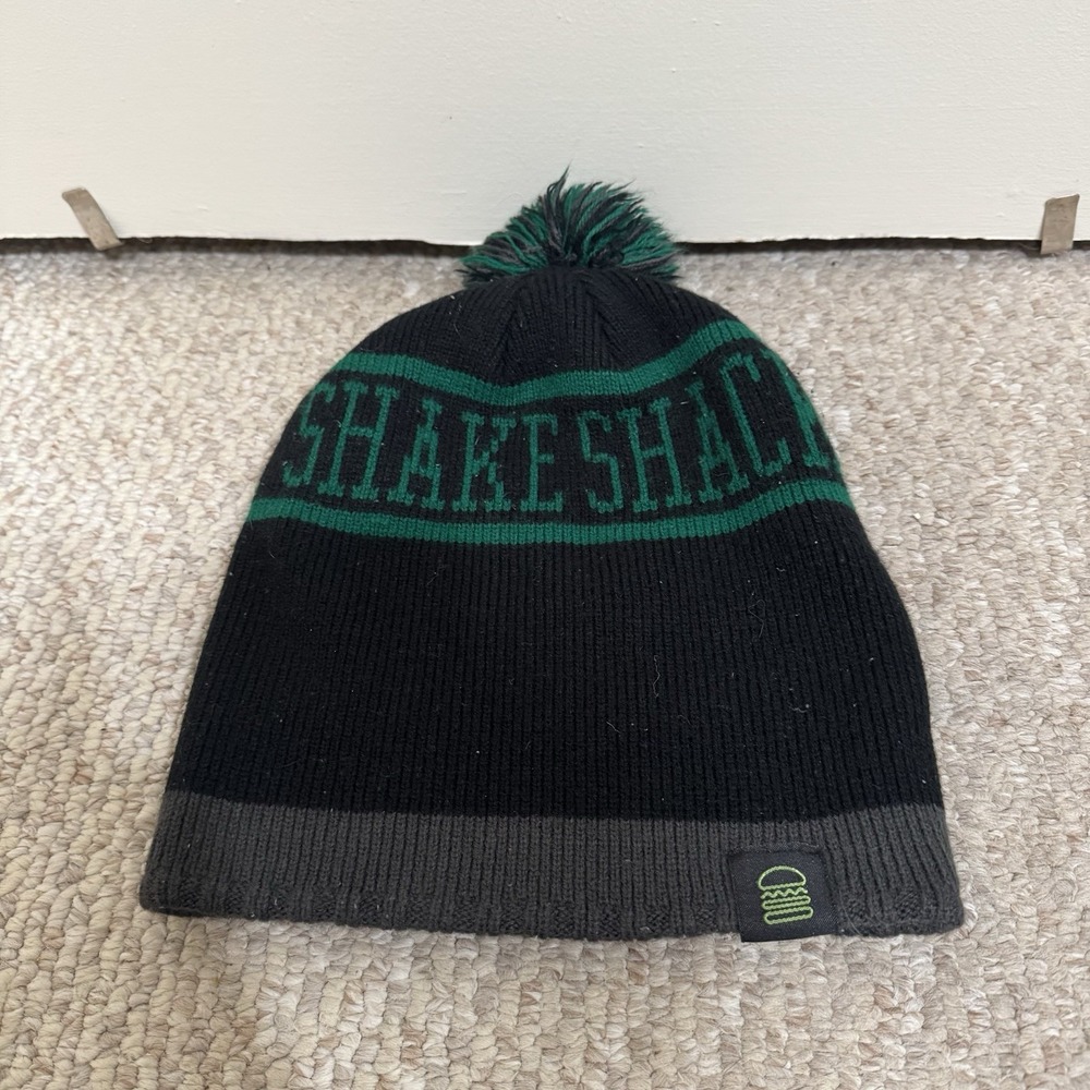 Shake Shack Beanie Black Hat Cap Ski Winter Pom Pom Burgers Logo